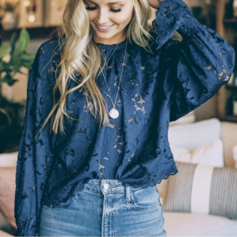 Free People Navy Blue Floral Lace Elastic Sleeve Blouse